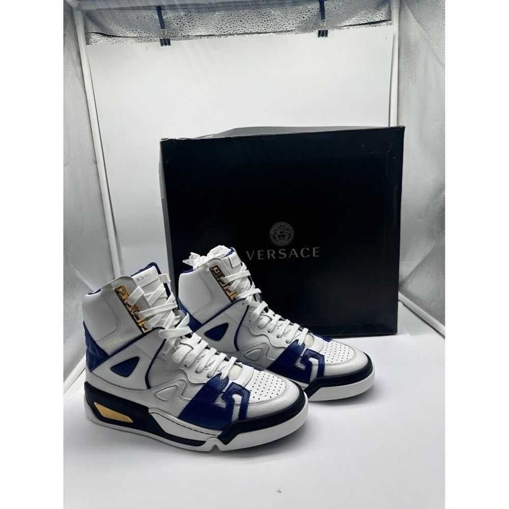 VERSACE Men High Top Leather Sneakers White Blue Gold DSU6994 IT 40 US 7 NIB
